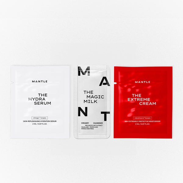 Three skincare samples from MANTLE for balanced skin