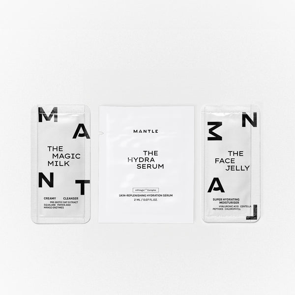 Three skincare samples from MANTLE for calm, hydrated skin